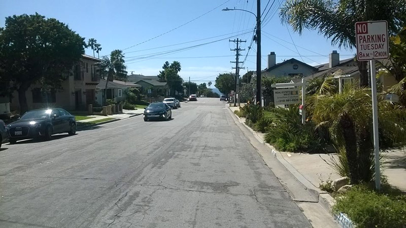 Blick von der Adresse des Elternhauses von Greg Ginn und Raymond Ginn in der 21st Street in Hermosa Beach, 2019