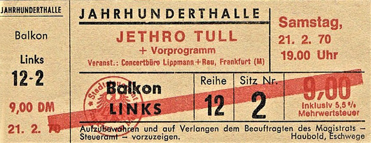 Ticket Jethro Tull, 1970, Jahrhunderthalle Frankfurt
